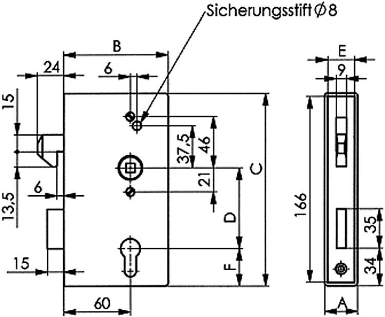 AMF 140SKNIG-30Z Schiebetor-Schlosskasten, V2A, leer, Kastenbreite A: 30 mm, C: 172 mm, F: 33,5 mm - LE 140SKNIG Schiebetor-Schlosskasten - V2A - leer -Skizze