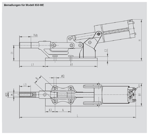 DESTACO 850-ME Standard Kraftspanner Haltekraft 71200 N  Schubstangenspanner  horizontaler Zylinder (Sensor 8EA-109-1 separat bestellen) - 850 Standard Kraftspanner