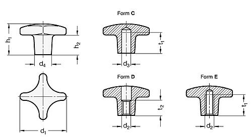 Leschhorn 6335-AL-40-B6-C-PL ALU KREUZGRIFF LE70001 6335 POLIERT - DIN 6335 Kreuzgriffe - Aluminium-Skizze