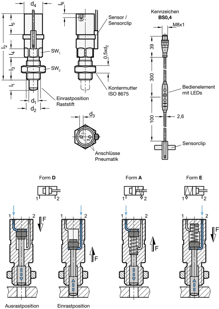 Ganter 817.7-12-15-D-BS0,4 Rastbolzen, Edelstahl, pneumatisch - GN-817-7-Rastbolzen-Edelstahl-pneumatisch-betaetigt-Skizze