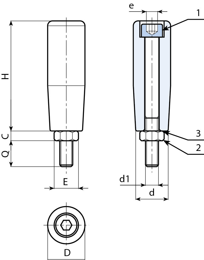 Leschhorn M144C Drehbare Zylindergriffe  H 88; d 22,5; Gewinde d1 M12; Kunststoff PA, schwarz - Boteco M144C Drehbare Zylindergriffe