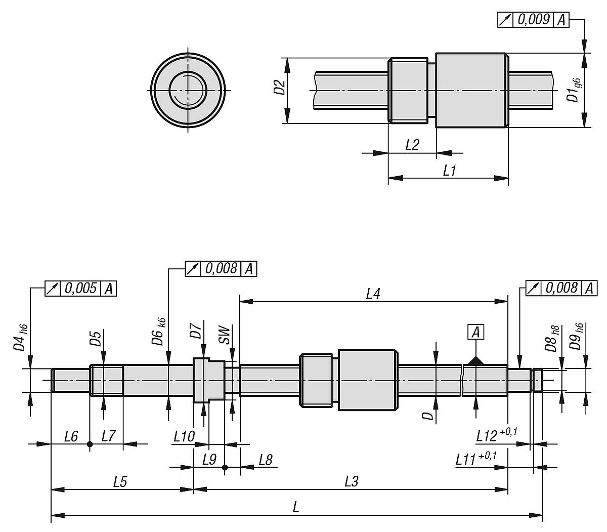 Norelem 24105-0820100 KUGELGEWINDETRIEB GESCHLIFFEN L=198, STAHL, MIT EINSCHRAUB-ZYL.MUTTER,, KOMP:STAHL, P=2, D=8 - NLM 24105 Miniatur Kugelgewindetriebe - geschliffen mit Einschraub Zylindermutter - Massblatt