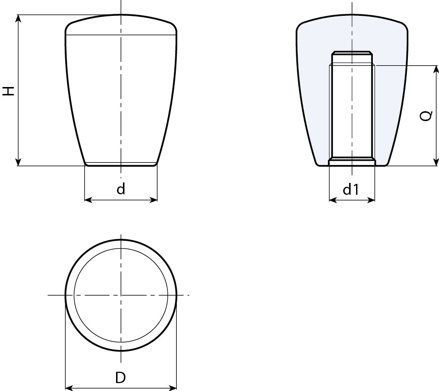Leschhorn I108 Konusknöpfe  D 43; d 27; Gewinde d1 M12; Kunststoff PA, schwarz - Boteco I108 Konusknoepfe