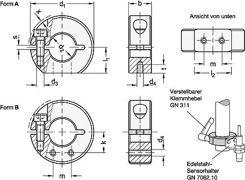 Ganter 7062.1-30-B12-NI-A Geschlitzte Edelstahl Stellringe, mit Anbau Gewindebohrungen - GN 7062-1 Geschlitzte Edelstahl Stellringe - mit Anbau Gewindebohrungen-Abbildung