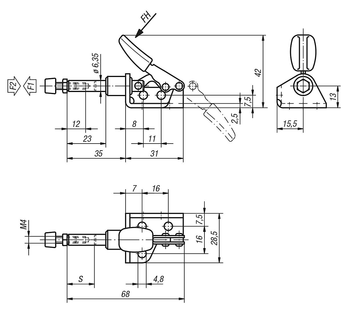 Kipp K0083.0050 MINISCHUBSTANGENSPANNER, MIT KONSOLE, P=50 daN - K0083 Minischubstangenspanner mit Konsole - Massblatt