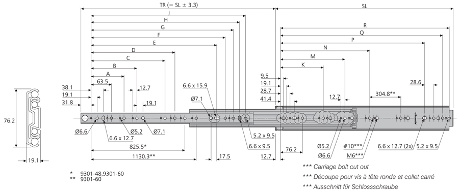 Accuride DZ9301-0036U-E Teleskopschienen 100% Vollauszug, 19,1x76,2, SL 914,4, TR 914,4, 248kg, hell verzinkt - 9301 Accuride Teleskopschiene technische Zeichnung