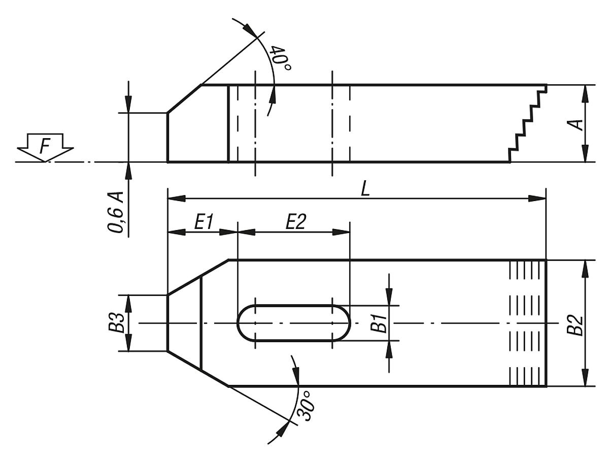 Norelem 04070-16 SPANNEISEN MIT TREPPENZÄHNEN STAHL, B2=50, L=125 - NLM 04070 Spanneisen mit Treppenzaehnen  Stahl und Aluminium - Massblatt
