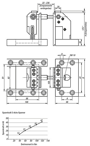 Kipp K0939.4012175 5 ACHS SPANNER FÜR RASTERPLATTEN (RASTERABSTAND 40/M12) - KIPP K0939 5 Achs Spanner fuer Rasterplatten