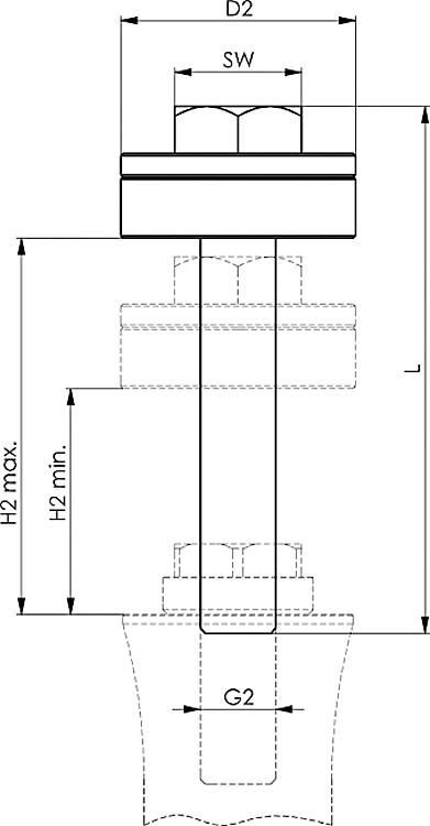 AMF 6417SP-16 Spindel, lang, Größe : M16, SW: 27, ØD2: 50, L: 104 - LE 6417SP Spindel - lang -Skizze