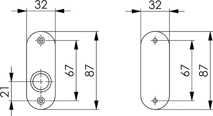 AMF 420 Drücker-Rosette, Abmessung: 32 x 87 x 6 mm, Bohrung für Drückerbetätigung: Ja - LE 420 Druecker-Rosette -Skizze