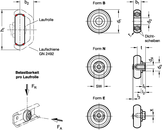 Ganter 2496-30-B-2RS-X  Laufrollen, für Laufschienen GN 2492, Edelstahl, h1 Laufschienen GN 2492: 30, Form: B - Laufrolle mit Bohrung, Kennzeichen: X - für Festlagerlaufschiene - GN 2496 Laufrollen - fuer Laufschienen GN 2492 - Edelstahl - Massblatt