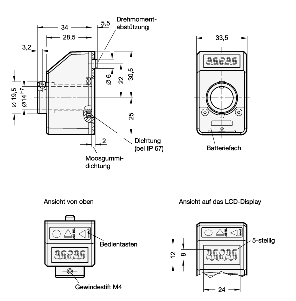 Ganter 9054-1-BL  Stellungsanzeiger, Kunststoff, 5-stellig, elektronisch, LCD-Display, Kennziffer: 1 - Schutzart IP 65, Farbe: BL - blau, RAL 5005, glänzend, Testspalte damit Form im InDesign erscheint: 1 - GN 9054 Stellungsanzeiger - Kunststoff - 5-stellig - elektronisch - LCD-Display - Massblatt