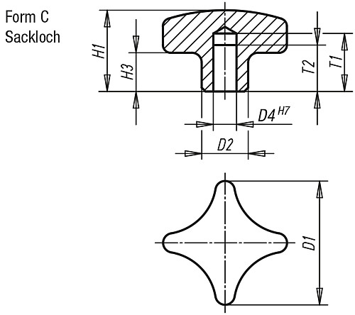 Kipp K0146.3032062 KREUZGRIFF                    EDELSTAHL, FORM C, D1=32, D4=6 - KIPP K0146-C Kreuzgriffe aehnlich DIN 6335 Edelstah