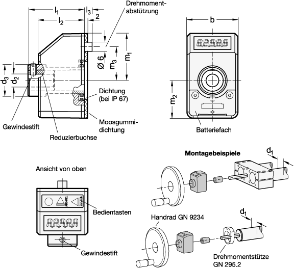 Ganter 9034-25-1-GR  Stellungsanzeiger, Kunststoff, für konfigurierbare Lineareinheiten, elektronisch, LCD-Display, Durchmesser d1: 25, Kennziffer: 1 - Schutzart IP 65, Farbe: BL - blau, RAL 5005, glänzend - GN 9034 Stellungsanzeiger-Kunststoff-fuer konfigurierbare Lineareinheiten-elektronisch-LCD-Massblatt
