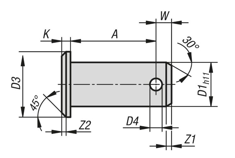 Leschhorn 07337-20-020470 BOLZEN MIT KOPF, FORM:B MIT SPLINTLOCH, D1=20, D3=30, A=47, STAHL GALVANISCH VERZINKT - NLM 07337 Bolzen mit Kopf ISO 2341 Form B - Massblatt