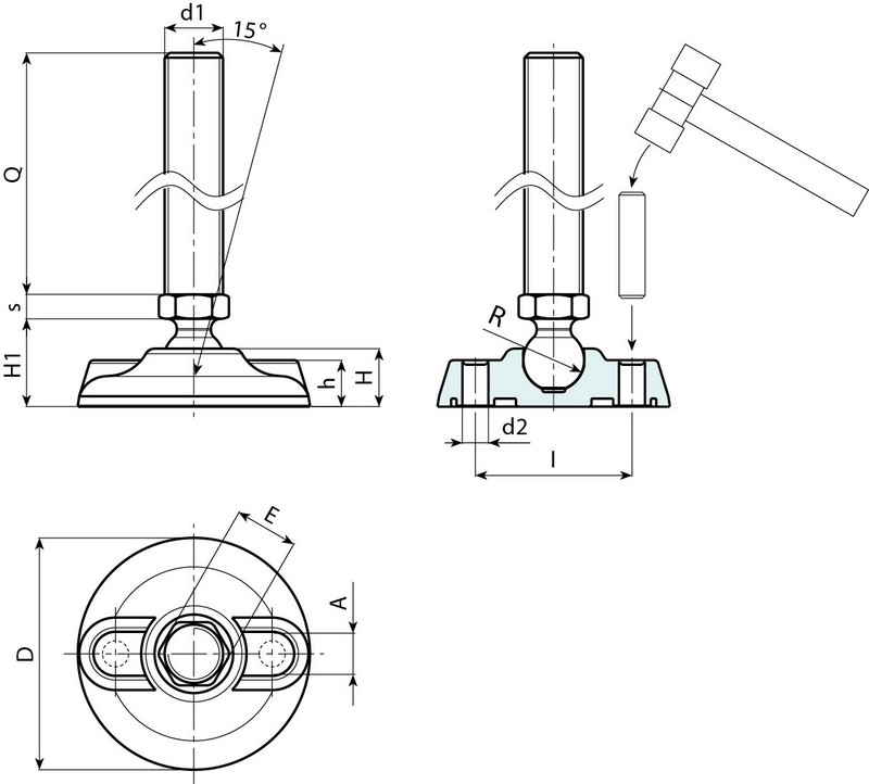 Leschhorn P902 Gelenkfüße  D 105; R 15; Gewinde d1 M14; Kunststoff PA, schwarz, Schafttyp A - Boteco P902 Gelenkfuesse