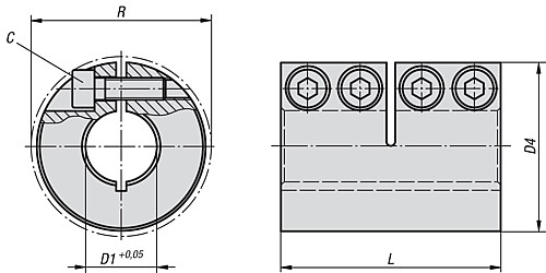 Norelem 23050-1190 STARRE KUPPLUNG GESCHLITZT, STAHL, D1=19 - Norelem 23050 Starre Kupplungen geschlitzt