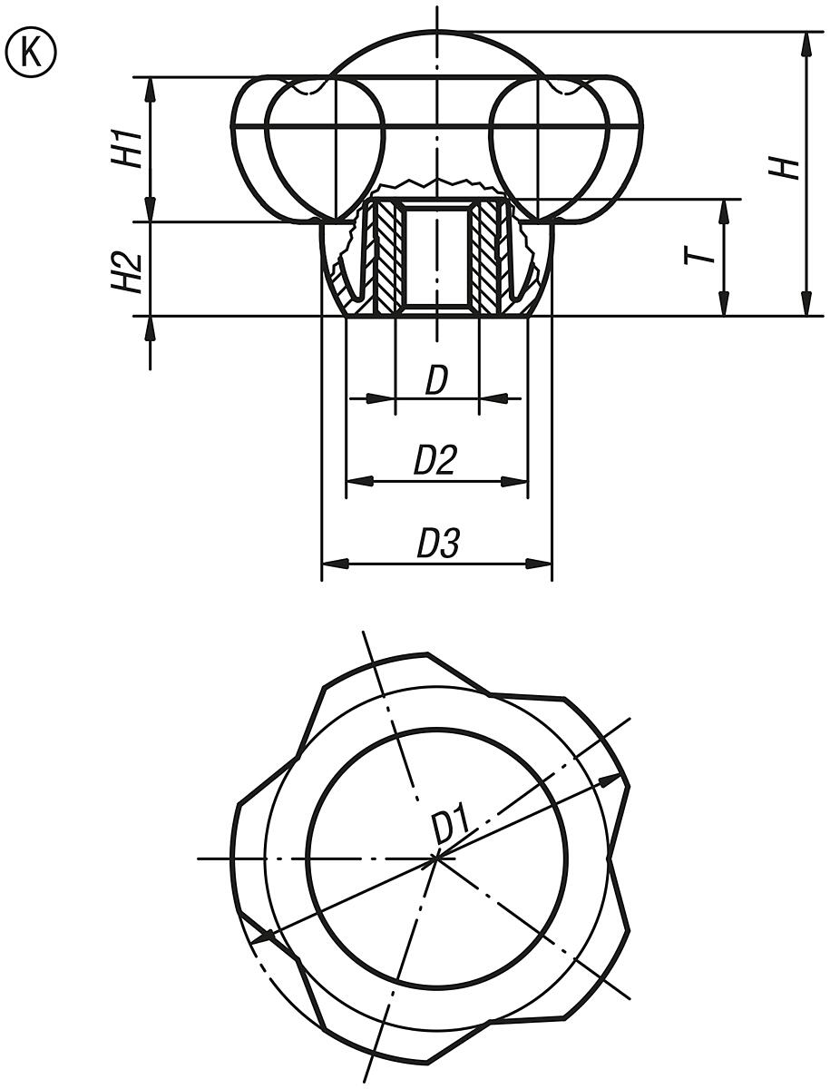 Kipp K0255.63121 NOVO.GRIP KLEMMGRIFF D=63  M12     EDELSTAHL - K0255-IG Klemmgriffe mit Innengewinde - Massblatt
