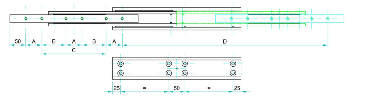 Leschhorn HP2CV 10032-0300-GS-ST Hochpräzise Schwerlast-Teleskopschienen, 2C-Profil 100x32, Vollauszug, A=300, GS: Gewinde M8/Senkbohrung für M8, Lastwert 820kg, Stahl verzinkt - HP2CV10032 Hochpraezise Teleskopschiene Bemassung Bohrbild