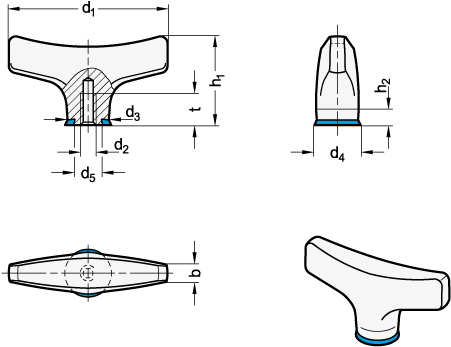 Ganter 8341-40-M4-MT-E  Flügelmuttern, Edelstahl, Hygienic Design, Griffdurchmesser d1: 40, Gewinde d2: M 4, Oberfläche: MT - mattiert (Ra < 0,8 µm) - GN 8341 Fluegelmuttern - Edelstahl - Hygienic Design - Massblatt
