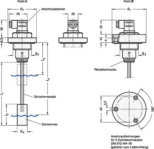 Ganter 848-45-235-A SCHWIMMSCHALTER ZUR FÜLLSTANDSÜBERWACHUNG - GN 848 Schwimmerschalter fuer Fuellstandsueberwachung-Skizze