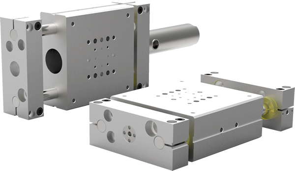 DESTACO DLB-16M-B-C-80-N-S Basiseinheiten mit integriertem Zylinder, Größe 16, B= kurzes Gehäuse, C= Gleitlagerbuchsen, Hub= 80, N= Buna Dichtung, S= korrosionsbeständige Führungsstangen - LE70000 Basis Lineareinheiten