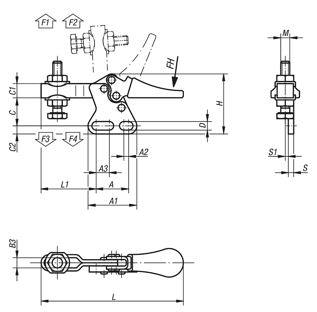 Kipp K0068.0050 MINISCHNELLSPANNER HORIZONTAL, MIT SENKRECHTEM FUSS, P=50 da - K0068 Minischnellspanner horizontal mit senkrechtem Fuss und verstellbarer Andruckspindel-Massblatt