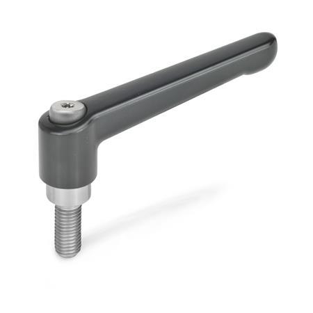 Ganter 300.1-45-M6-20-SZ VERST.KLEMMH., EDELSTAHL, SCHWARZ, SEIDENG - GN-300.1-Verstellbare-Klemmhebel-Zink-Druckguss-Einsatz-Edelstahl-mit-Aussengewinde-SZ-schwarz-RAL-9