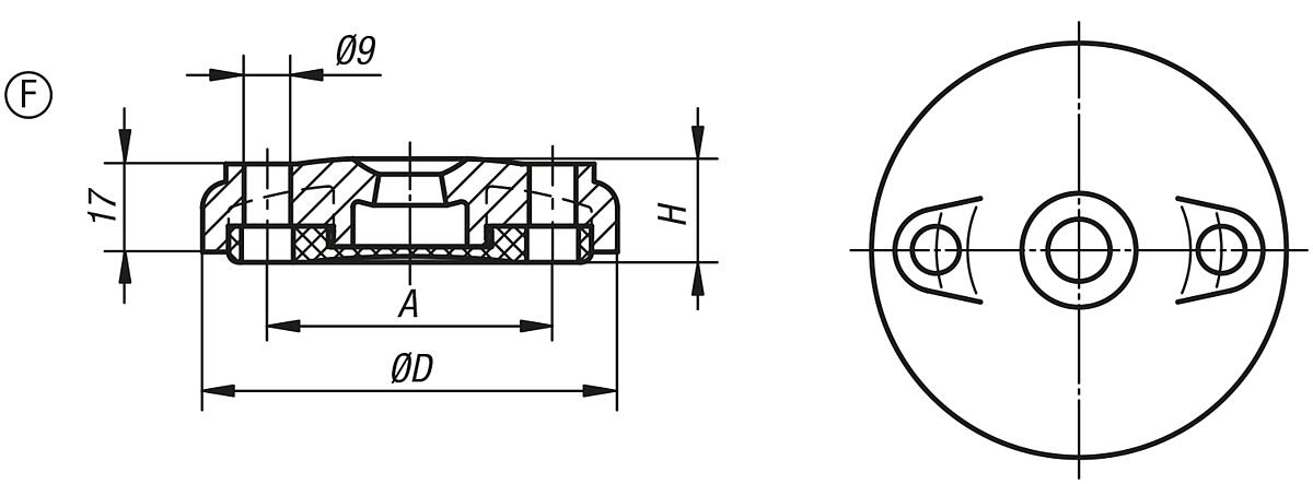 Kipp K0423.6080 TELLER F. STELLFUSS FORM F ANTISL, - K0423-F Teller fuer Stellfuesse aus Kunststoff - Form F - Massblatt