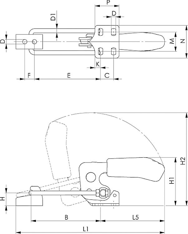 AMF 6848HSY-4 Verschlussspanner horizontal mit gelbem Handgriff und Sicherheitsverriegelung, Größe : 4, F1: 7,0 kN - LE 6848HSY Verschlussspanner horizontal mit gelbem Handgriff und Sicherheitsverriegelung-Skizze