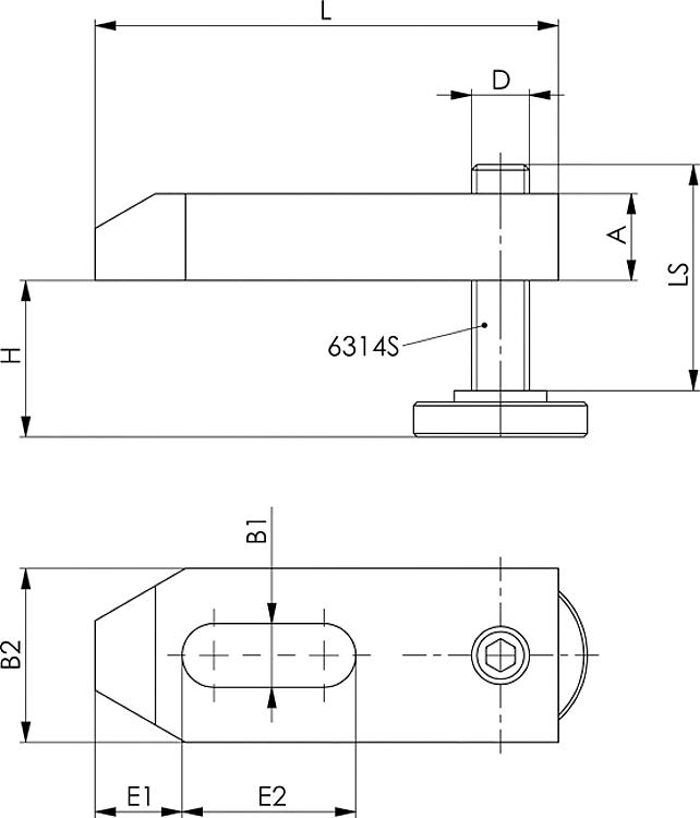 AMF 6314V-10 Spanneisen abgeschrägt, mit verstellbarer Stützschraube, für Spannschraube: M10, A: 15, D x LS: M10x39 - LE 6314V Spanneisen abgeschraegt - mit verstellbarerStuetzschraube-Skizze