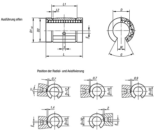 Norelem 21510-1212 LINEARKUGELLAGER OFFEN D=12, MIT WINKELFEHLERAUSGLEICH - Norelem 21510-AO Linearkugellager mit Winkelfehlerausgleich - offen