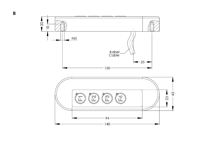 Leschhorn TG6-E4.B120.46 Tastergehäuse Edelstahl, A 120 mm, 4 Drucktaster (4 Schließer) 100mV-24V AC/DC, Typ A breite Ausführung - LE TG6 Tastergehaeuse Edelstahl - TZ Typ B