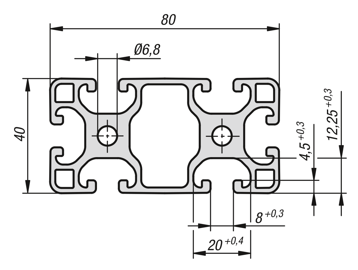 Norelem 10045-084080X1000 ALUMINIUMPROFIL LEICHT 1000X80X40, TYP I - NLM 10045 Aluminiumprofile 40x80 leicht Typ I-Skizze