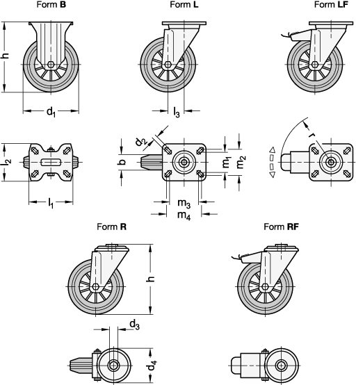 Ganter 22873-100-G-B-L-ST  Transportrollen, Laufbelag Gummi, Radkörper Polypropylen, leichte Ausführung, Raddurchmesser d1: 100, Lagerart: G - Gleitlager, Form (Gehäuse): B - Bockrolle - GN 22873 Transportrollen-Laufbelag Gummi-Radkoerper Polypropylen-leichte Ausfuehrung-Massblatt