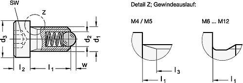Ganter 815.1-M8-ST Federnde Druckstücke mit Kugel, mit Bund, mit Innensechskant, Stahl - GN 815-1 Federnde Druckstuecke mit Kugel - mit Bund - mit Innensechskant - Stahl-Skizze