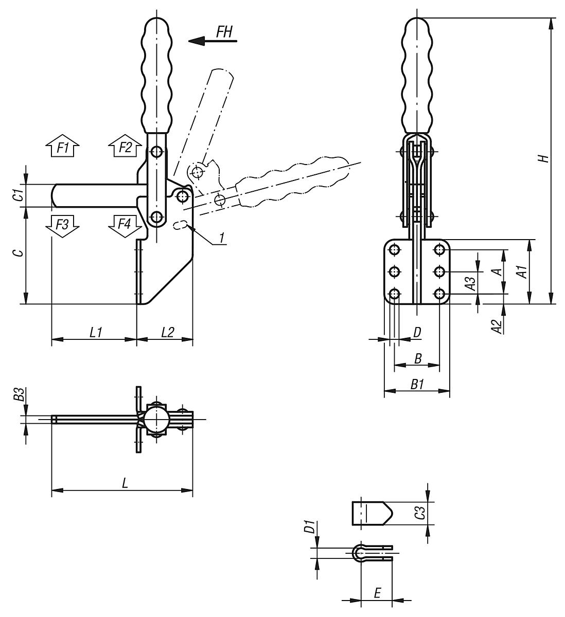 Kipp K0064.0300 SCHNELLSPANNER VERTIKAL, MIT WINKELFUSS, P=300 daN - K0064 Schnellspanner vertikal mit Winkelfuss und vollem Haltearm - Massblatt