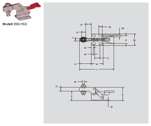 DESTACO 206-HSS Horizontalspanner Haltekraft 450N, Öffnungswinkel 90° - 206-HSS Horizontalspanner - U-Spannarm - erhoehter Spannarm