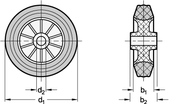 Ganter 22873-100-G-A  Räder, Laufbelag Gummi, Radkörper Polypropylen, Raddurchmesser d1: 100, Lagerart: G - Gleitlager, Form: A - Rad ohne Gehäuse - GN 22873 Raeder - Laufbelag Gummi - Radkoerper Polypropylen - Massblatt