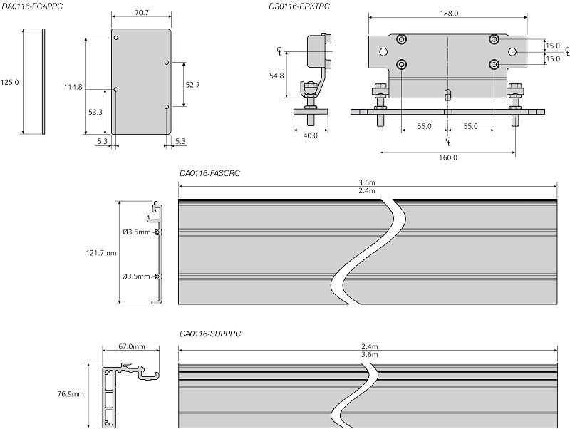 Accuride DA0116-0120RC Linearführung1,2m Schiene x 1 - Accuride DA0116-FASCRC Linearfuehrung mit Kugelumlaufwagen bis 360kg - 3 6m-Blende x 1 - Zeichnung