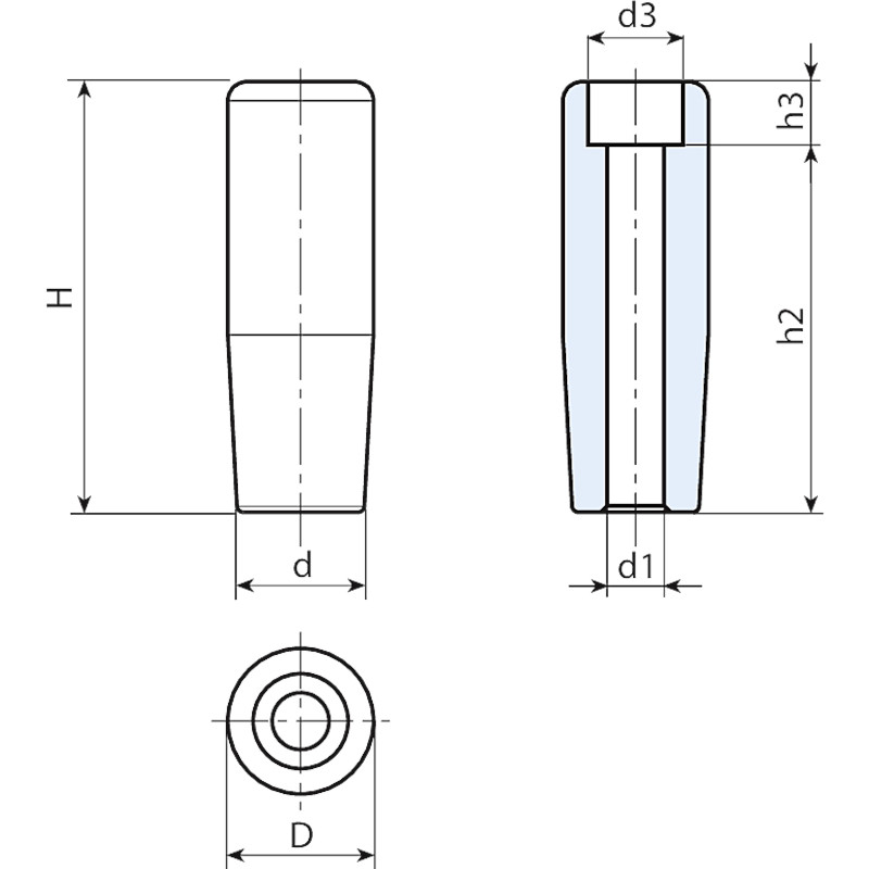 Leschhorn M139 Zylindergriffe  H 49; d 15; Bohrung d1 6,5; Kunststoff PA, schwarz - LE M139 Zylindergriffe-EcoLine-Massblatt