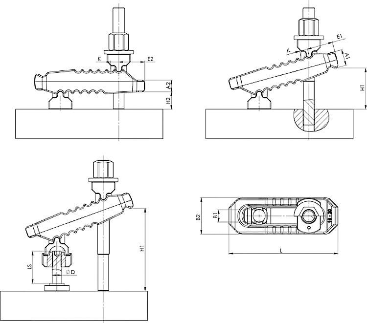 AMF 6312VS-13 "Krokodil" Spannpratze, komplett mit DIN 6379, Spannkraft max.*: 30 kN, Spannschraube   DIN 6379  : M12x100, H1: 0-30 - LE 6312V Krokodil Spannpratze mit Gegenhalter - verstellbar-Skizze