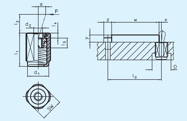 Halder 22150.1458 Seitendruckstück mit Gewinde, mit Abdichtung, mit Innengewinde M 18 x 1.5, x 45,0 x M 6 / 100 N - EH 22150 Seitendruckstuecke mit Gewinde - mit Abdichtung - mit Innengewinde