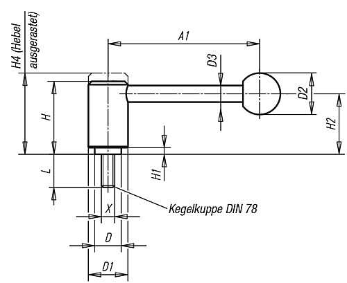 Kipp K0108.4242X70 SPANNHEBEL GR.4, M24X70,  0 Grad - KIPP K0108-0 Spannhebel mit Aussengewinde - 0 Grad