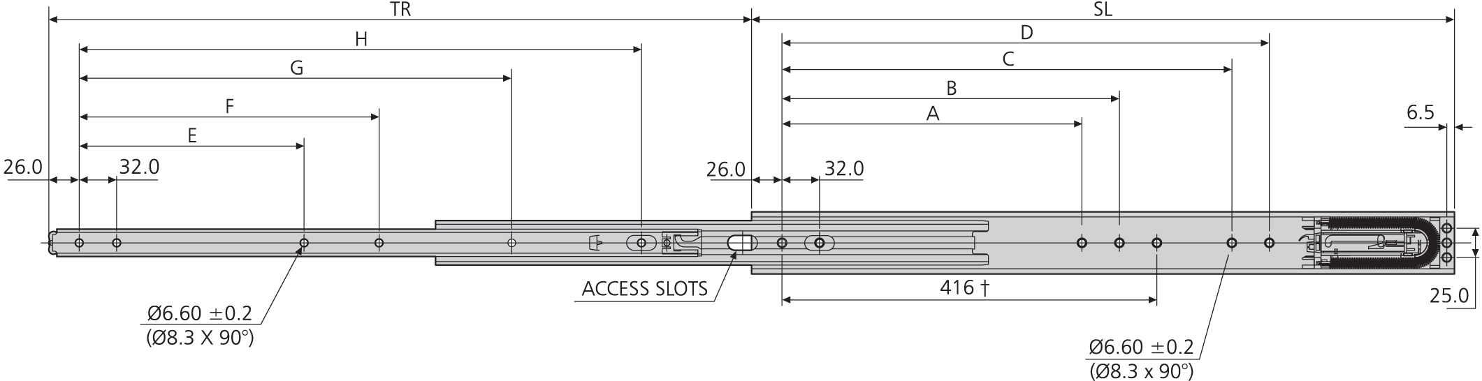 Accuride DS5321-0030 Teleskopschienen 100% Überauszug, 19,1x53,1, SL 300, TR 323,5, 140kg -Edelstahl - 5321 EC Accuride Teleskopschiene technische Zeichnung