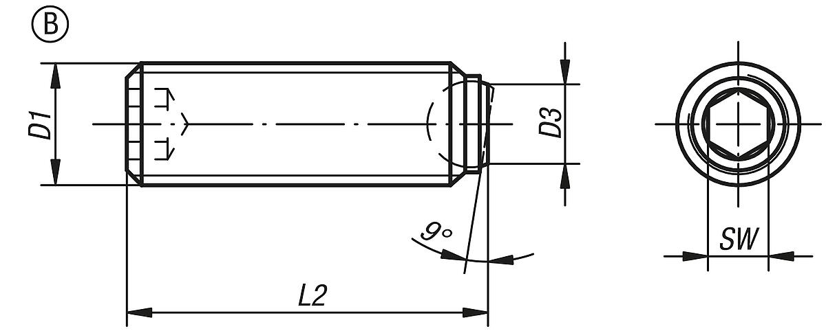 Kipp K0382.21012 KUGELDRUCKSCHRAUBE FORM B, OHNE KOPF, D1=M10X1, L2=12,3 - K0382-B Kugeldruckschrauben ohne Kopf mit Feingewinde Form B - Massblatt