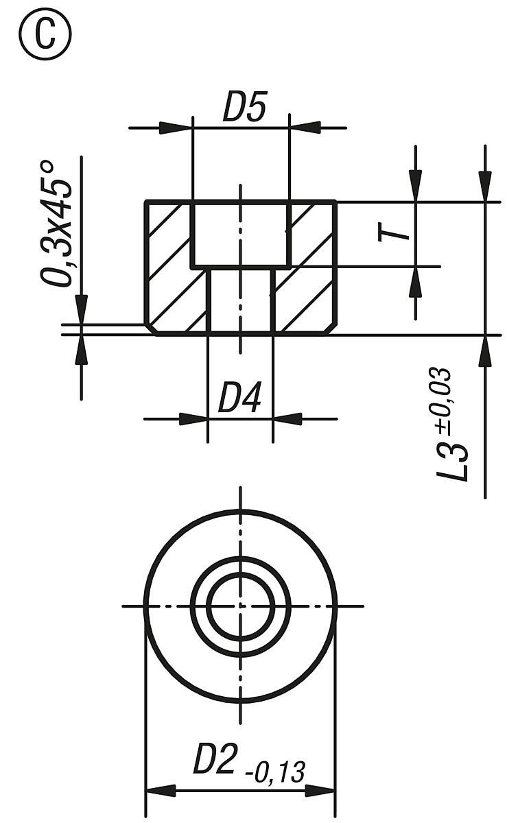 Norelem 07113-120108 EINSATZ RUND M. SENKBOHRUNG FORM C D2=20, L3=10 - NLM 07113-C Grippers und Einsaetze rund  mit Senkbohrung - Form C - Massblatt