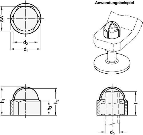 Ganter 934.1-10-SW Abdeckkappen für Sechskantmuttern /  schrauben - GN 934-1 Abdeckkappen fuer Sechskantmuttern - schrauben-Skizze