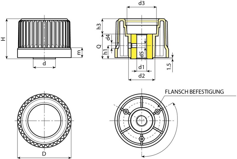 Leschhorn N246 Rämdelmutter, Stahl-Gewinde-Durchloch  A 30; d 20; Bohrung d1 08; Kunststoff PA, schwarz, - LE N246 Raendelmuttern mit Stahl Gewinde-Durchloch-EcoLine-Massblatt