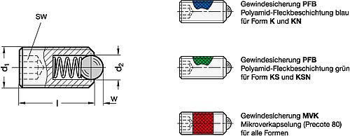 Ganter 615.3-M10-K-MVK Federnde Druckstücke mit Gewindesicherung, Stahl / Edelstahl - GN 615-3 Federnde Druckstuecke mit Gewindesicherung - Stahl - Edelstahl-Skizze